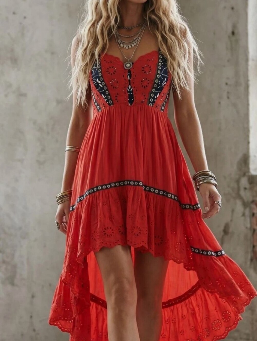 Free People Bossa Nova Maxi Dress Red Navy Boho Flowy Festival Statement Dress